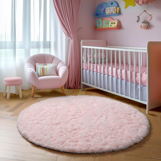 Lukyamzn Fluffy Light Pink Round Rug 4Ft, Soft Shaggy Circle Area Carpet for Girls Bedroom, Nursery, Playroom & Teens  Bullet Points: