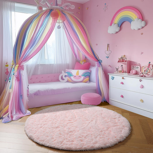 Lukyamzn Fluffy Light Pink Round Rug 4Ft, Soft Shaggy Circle Area Carpet for Girls Bedroom, Nursery, Playroom & Teens  Bullet Points: