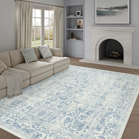 Lukyamzn Blue Area Rug 8x10, Machine Washable Vintage Distressed Low-Pile Non-Slip Carpet for Living Room Bedroom