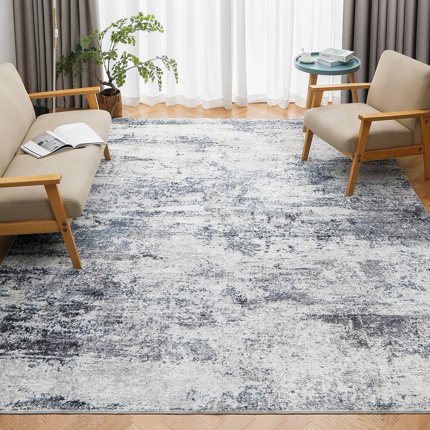 Lukyamzn 8x10 Area Rug Washable for Living Room, Bedroom, Dining Room, Non Slip Large Abstract Carpet Blue Grey Modern