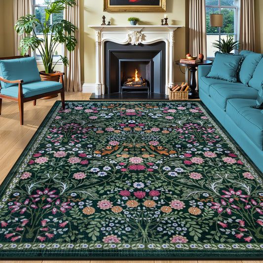 Lukyamzn 8x10 Area Rug for Living Room, Floral Washable Vintage Low Pile Soft Non-Slip Carpet for Bedroom & Dining