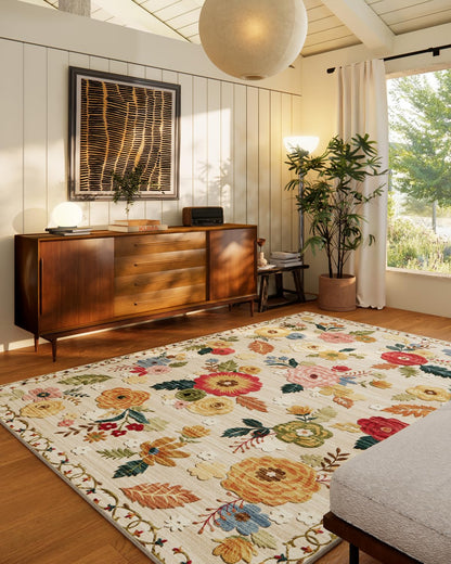 Lukyamzn Machine Washable Area Rug 5'x7', Floral Vintage Low Pile Soft Faux Wool Rug, Non-Slip Stain Resistant