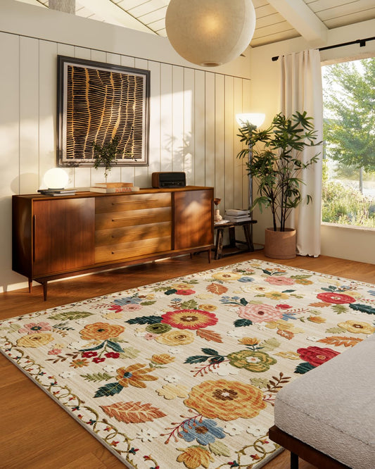 Lukyamzn Machine Washable Area Rug 5'x7', Floral Vintage Low Pile Soft Faux Wool Rug, Non-Slip Stain Resistant