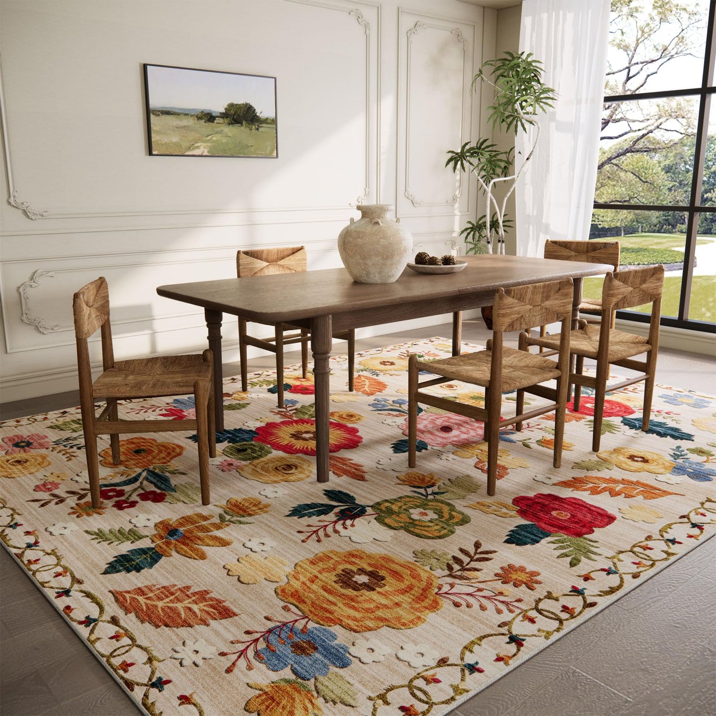 Lukyamzn Machine Washable Area Rug 5'x7', Floral Vintage Low Pile Soft Faux Wool Rug, Non-Slip Stain Resistant