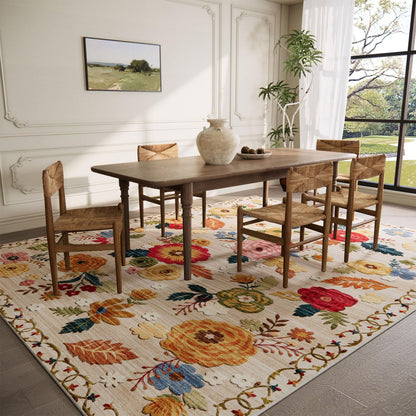 Lukyamzn Machine Washable Area Rug 5'x7', Floral Vintage Low Pile Soft Faux Wool Rug, Non-Slip Stain Resistant