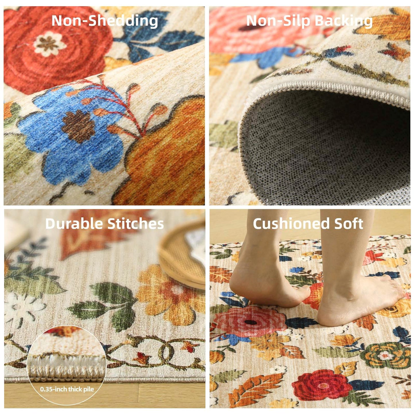 Lukyamzn Machine Washable Area Rug 5'x7', Floral Vintage Low Pile Soft Faux Wool Rug, Non-Slip Stain Resistant