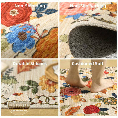 Lukyamzn Machine Washable Area Rug 5'x7', Floral Vintage Low Pile Soft Faux Wool Rug, Non-Slip Stain Resistant