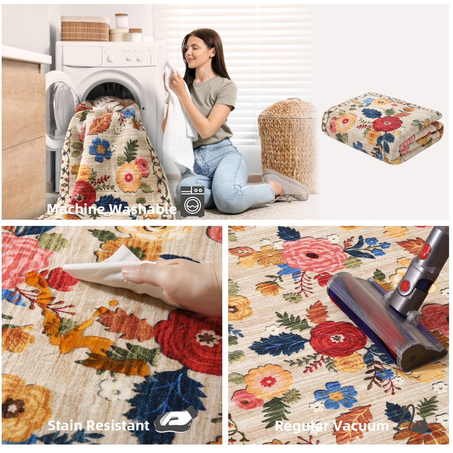 Lukyamzn Machine Washable Area Rug 5'x7', Floral Vintage Low Pile Soft Faux Wool Rug, Non-Slip Stain Resistant