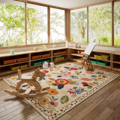 Lukyamzn Machine Washable Area Rug 5'x7', Floral Vintage Low Pile Soft Faux Wool Rug, Non-Slip Stain Resistant