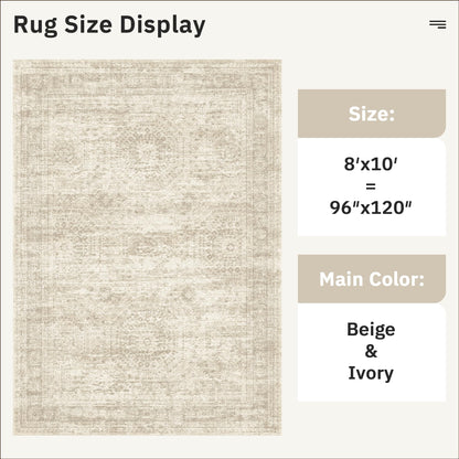 Lukyamzn Washable Area Rug 8x10, Soft Vintage Beige Rug for Living Room Bedroom, Non-Slip Stain-Resistant Large Area Carpet