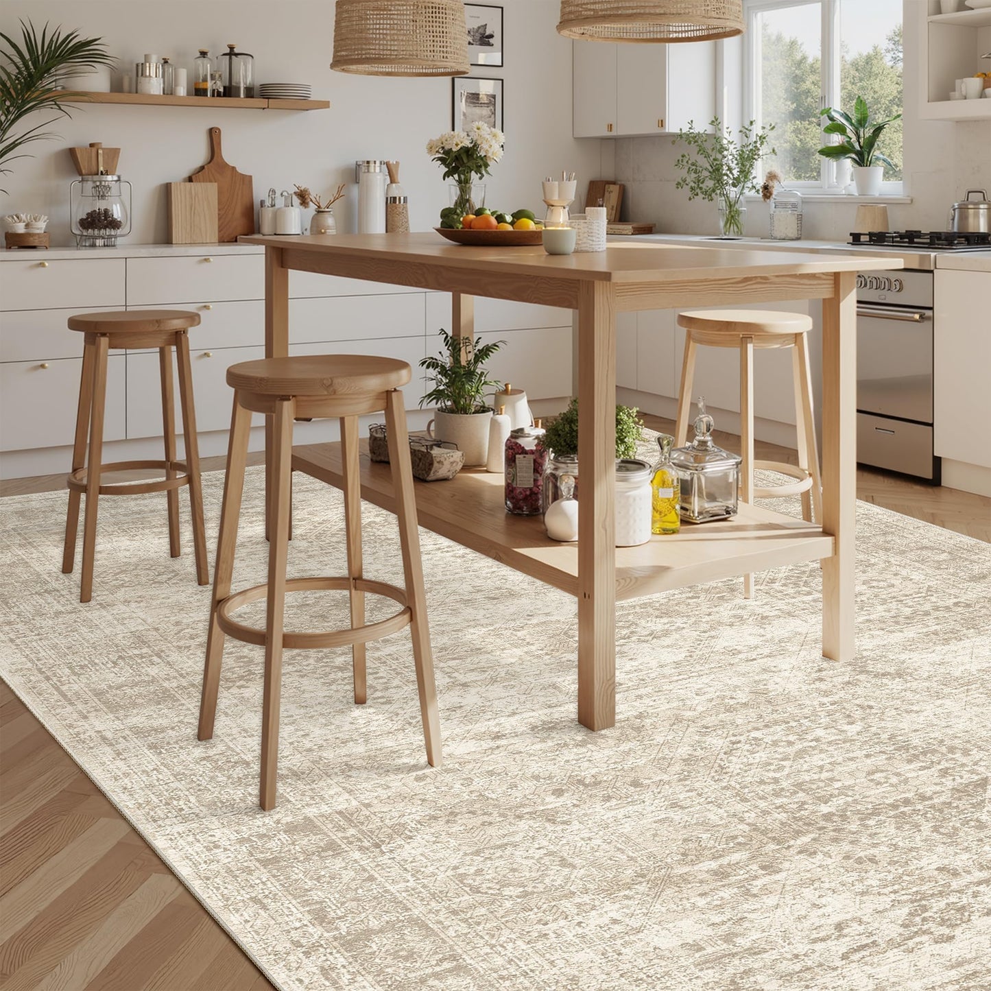 Lukyamzn Washable Area Rug 8x10, Soft Vintage Beige Rug for Living Room Bedroom, Non-Slip Stain-Resistant Large Area Carpet