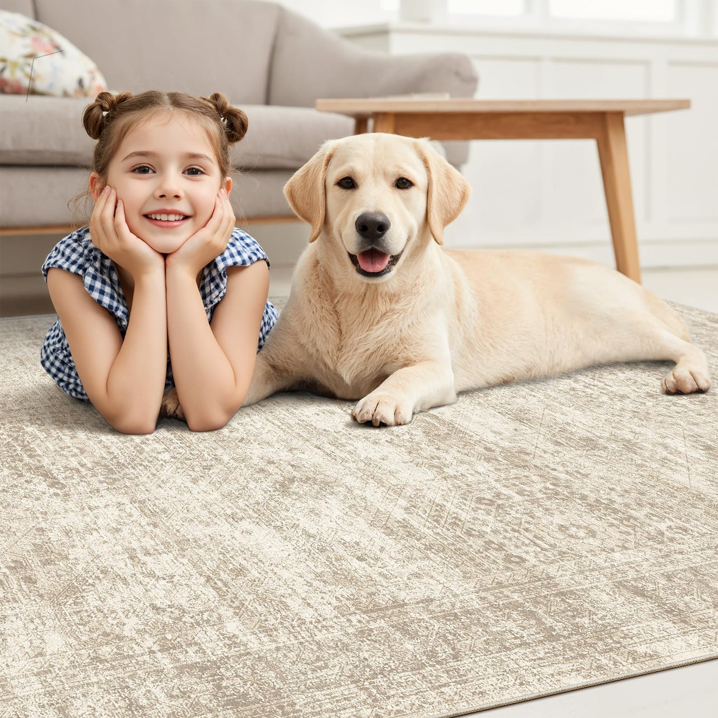 Lukyamzn Washable Area Rug 8x10, Soft Vintage Beige Rug for Living Room Bedroom, Non-Slip Stain-Resistant Large Area Carpet
