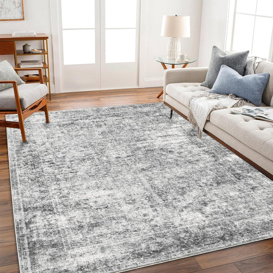 Lukyamzn Washable Area Rug 4x6, Gray Vintage Traditional Thin Distressed Floral Accent Carpet, Foldable Non-Slip Indoor Floor Mat