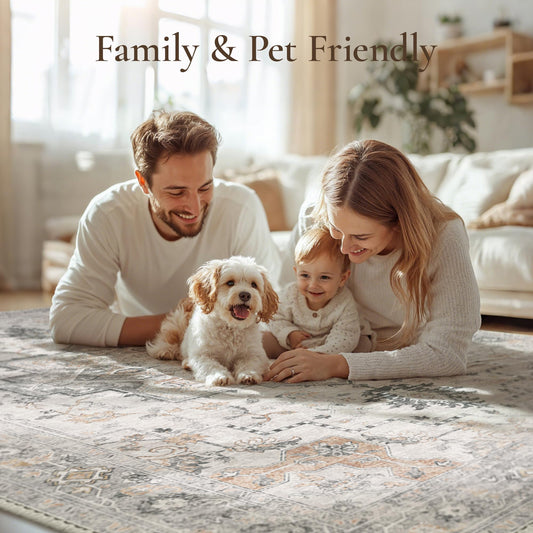 Lukyamzn 10x14 Area Rug for Living Room, Non Slip Washable Vintage Low Pile Chenille Carpet, Lightweight Soft Large Rug for Bedroom & Dining