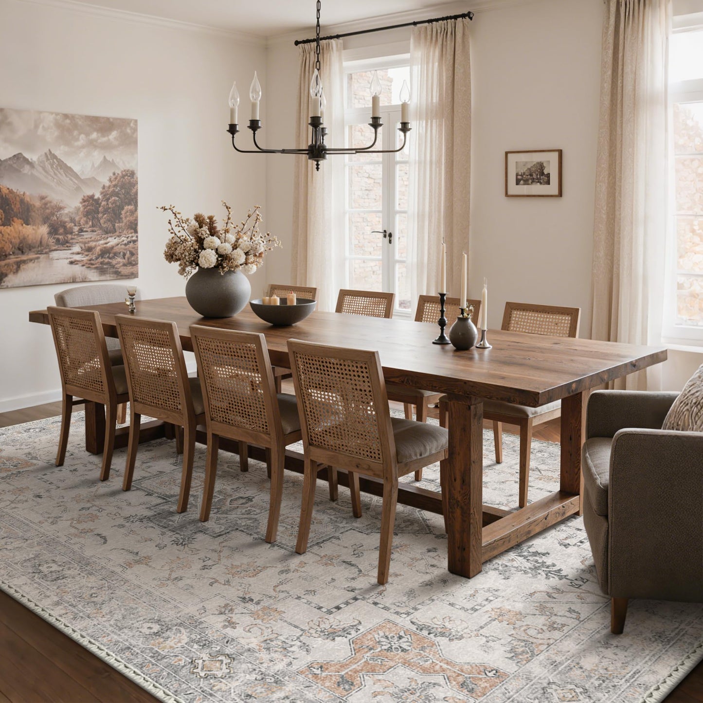 Lukyamzn 10x14 Area Rug for Living Room, Non Slip Washable Vintage Low Pile Chenille Carpet, Lightweight Soft Large Rug for Bedroom & Dining