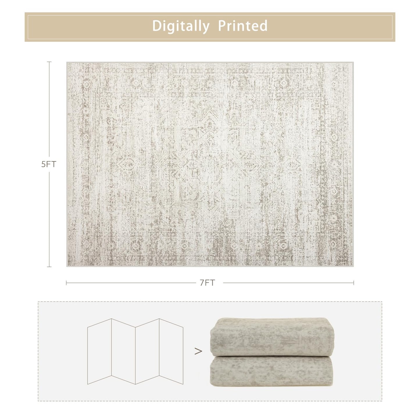 Lukyamzn Washable 5x7 Area Rug for Living Room, Bedroom & Dining, Ultra Soft Faux Wool Low-Pile Vintage Carpet, Non-Slip Beige Cream