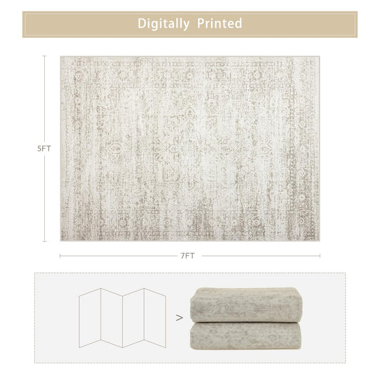 Lukyamzn Washable 5x7 Area Rug for Living Room, Bedroom & Dining, Ultra Soft Faux Wool Low-Pile Vintage Carpet, Non-Slip Beige Cream