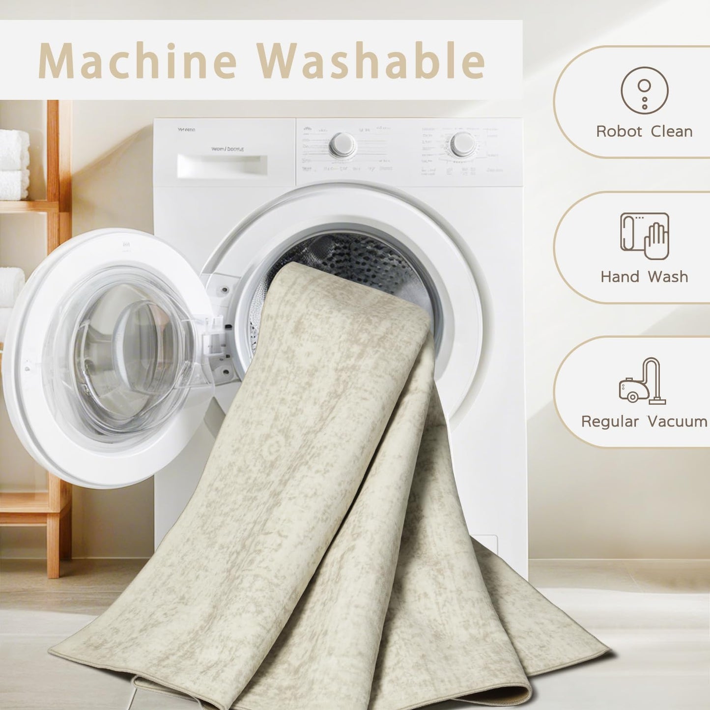 Lukyamzn Washable 5x7 Area Rug for Living Room, Bedroom & Dining, Ultra Soft Faux Wool Low-Pile Vintage Carpet, Non-Slip Beige Cream