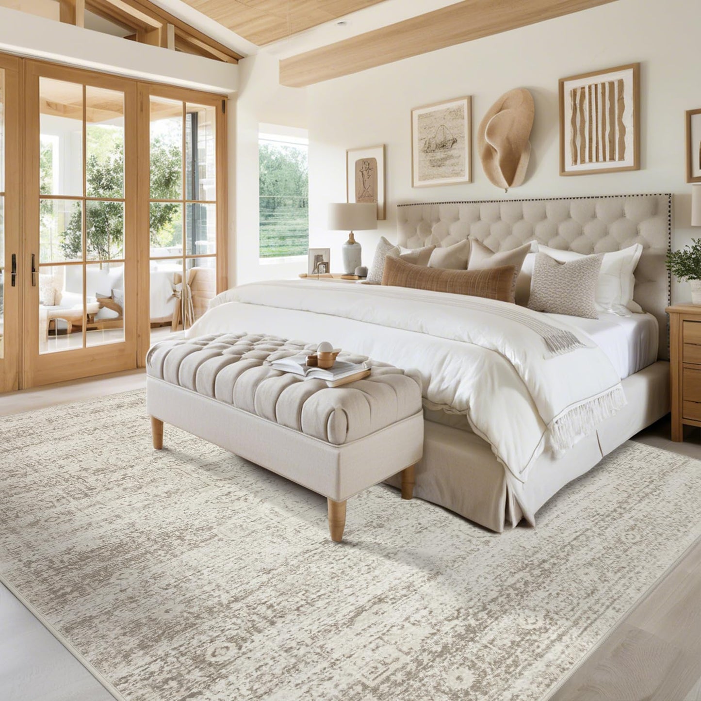 Lukyamzn Washable 5x7 Area Rug for Living Room, Bedroom & Dining, Ultra Soft Faux Wool Low-Pile Vintage Carpet, Non-Slip Beige Cream