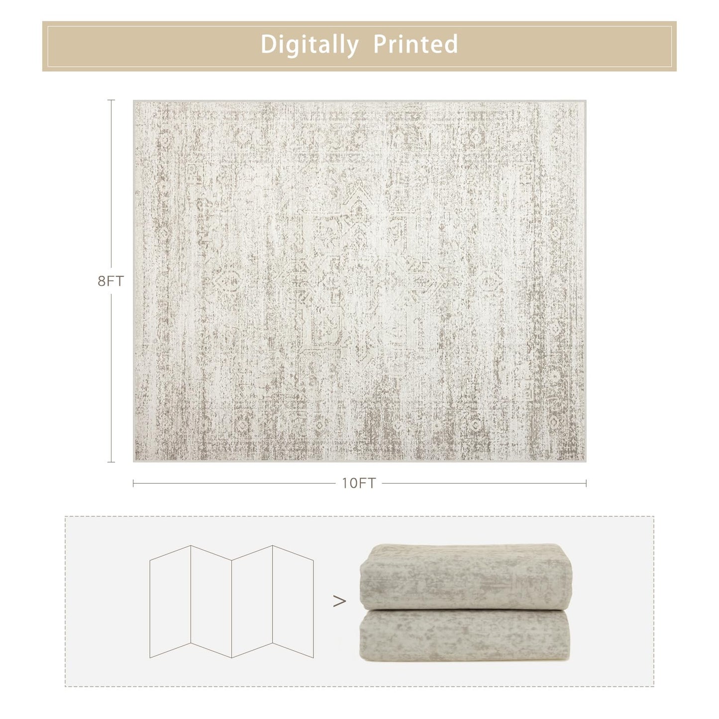 Lukyamzn Washable 8x10 Area Rug, Ultra Soft Faux Wool Vintage Low-Pile Carpet, Non-Slip Large Retro Rug for Living Room Bedroom Home