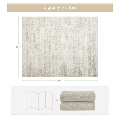 Lukyamzn Washable 8x10 Area Rug, Ultra Soft Faux Wool Vintage Low-Pile Carpet, Non-Slip Large Retro Rug for Living Room Bedroom Home