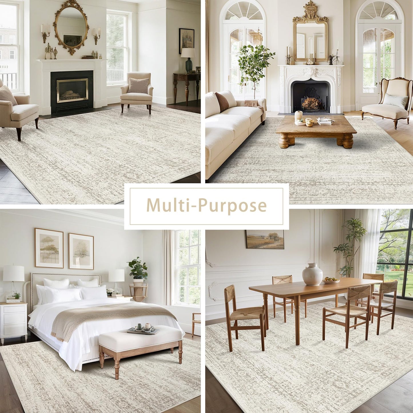 Lukyamzn Washable 8x10 Area Rug, Ultra Soft Faux Wool Vintage Low-Pile Carpet, Non-Slip Large Retro Rug for Living Room Bedroom Home